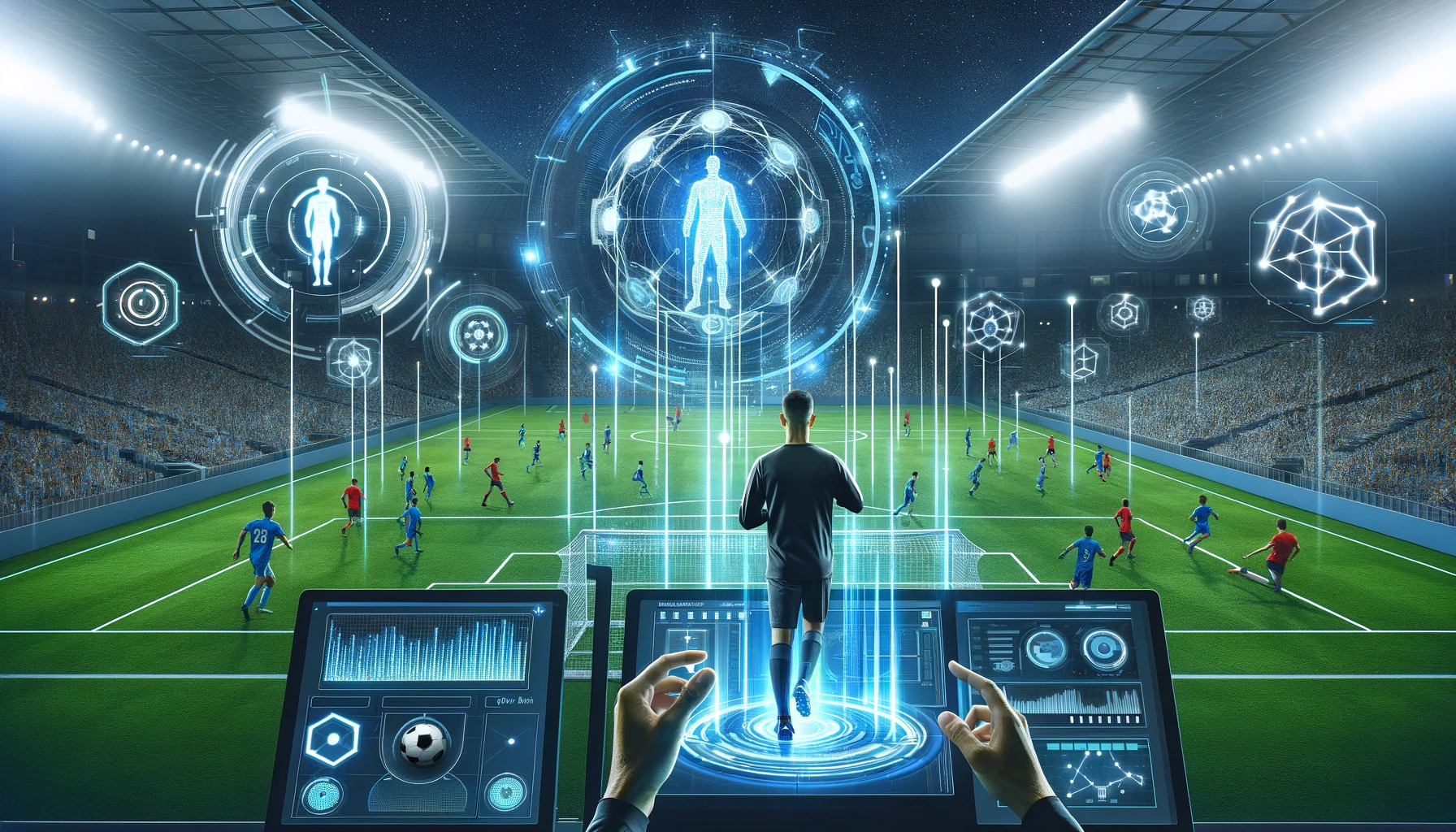 Moderne Fußballfeldszene mit einem Scout, der KI-Technologie zur Spieleranalyse nutzt, umgeben von digitalen Leistungsdaten und Statistiken unter Abendstadiumbeleuchtung.